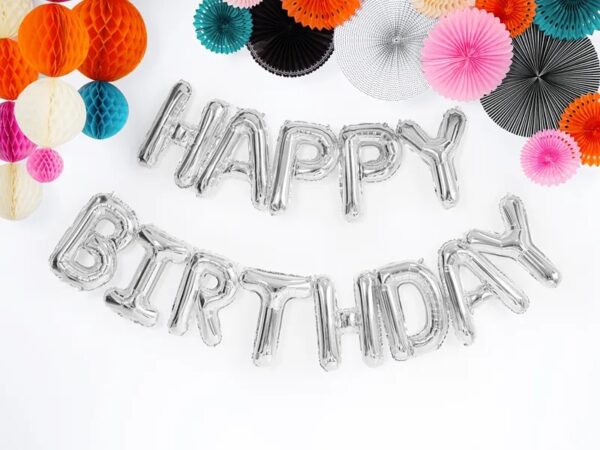 Balon foliowy dekoracja urodzinowa Happy Birthday srebrna 340cm x 35cm - obrazek 2
