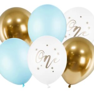 Balony urodzinowe Pastel Light Blue biały złoty niebieski 30cm 6 sztuk