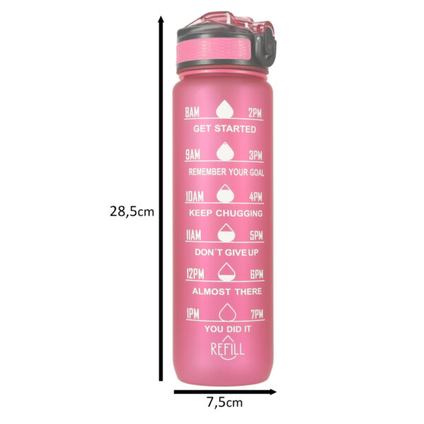 Butelka na wodę bidon ze słomką uchwytem miarką motywacyjną na siłownię BPA free Tritan 1l różowa - obrazek 2