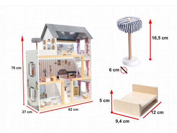 Domek dla lalek drewniany MDF mebelki 78cm czarny LED - obrazek 3