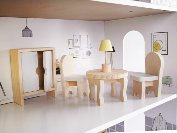 Domek dla lalek drewniany mebelki 70cm szary - obrazek 9