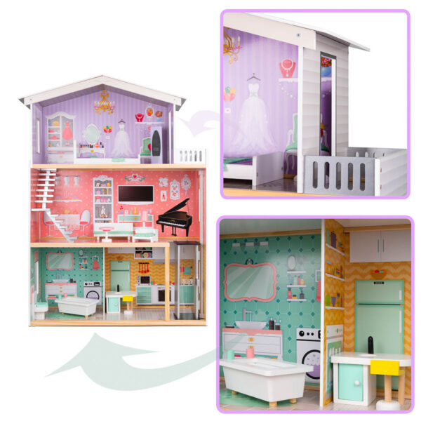 Domek dla lalek drewniany mebelki pastelowy 117cm - obrazek 5