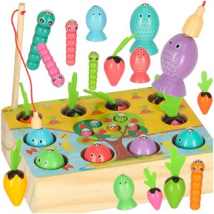 Gra drewniana montessori łowienie rybek marchewki robaczki