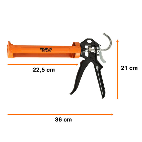 Pistolet wyciskacz do silikonu akrylu kleju kartuszy mas obrotowy korpus 360 255mm WOKIN - obrazek 2
