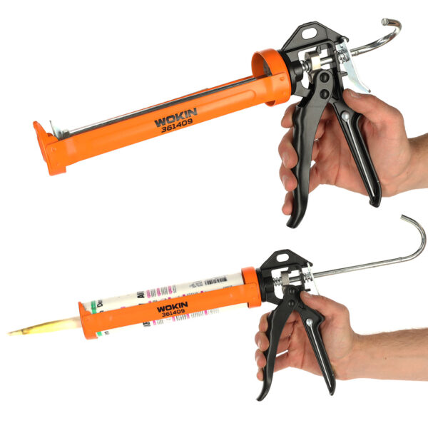 Pistolet wyciskacz do silikonu akrylu kleju kartuszy mas obrotowy korpus 360 255mm WOKIN - obrazek 4
