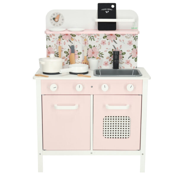 Kuchnia dla dzieci drewniana MDF Lulilo FLoro akcesoria różowa 82cm - obrazek 2