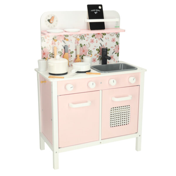Kuchnia dla dzieci drewniana MDF Lulilo FLoro akcesoria różowa 82cm - obrazek 3