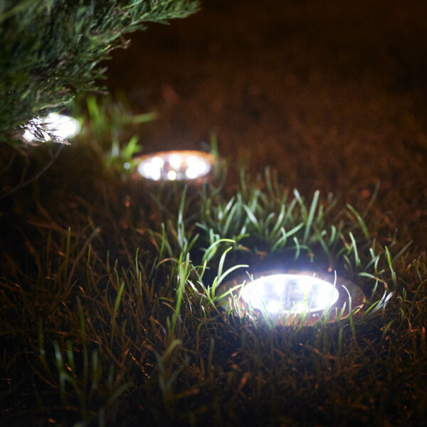 Lampy ogrodowe solarne najazdowe gruntowe czujnik zmierzchu wbijane świecący dysk 8LED 12szt. zimny biały - obrazek 5