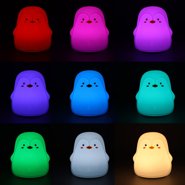 Lampka nocna dla dzieci silikonowa dotykowa miękka LED biała RGB pingwinek - obrazek 6