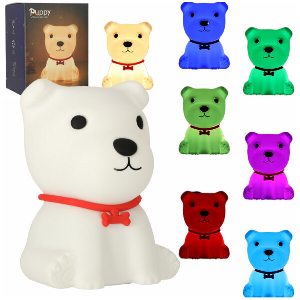 Lampka nocna dla dzieci silikonowa dotykowa miękka 8 LED USB RGB biała piesek - obrazek 8