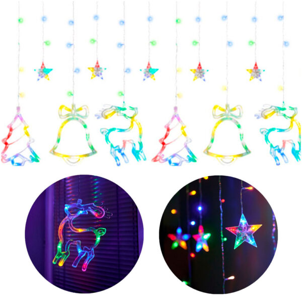 Lampki LED kurtyna renifer dzwonek mix świąteczne choinkowe 2,5m 138LED multikolor 8 trybów świecenia IP44 - obrazek 8