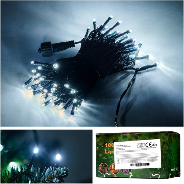 Lampki LED łańcuch świetlny świąteczne choinkowe 10m 100LED zimny biały 8 trybów świecenia - obrazek 2