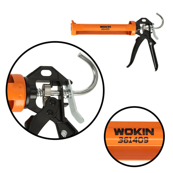 Pistolet wyciskacz do silikonu akrylu kleju kartuszy mas obrotowy korpus 360 255mm WOKIN - obrazek 6