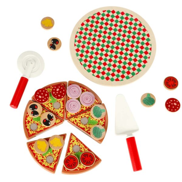 Pizza drewniany zestaw do zabawy na rzep  akcesoria łopatka nóż talerz nauka krojenia 20cm - obrazek 2