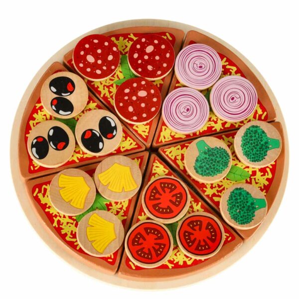 Pizza drewniany zestaw do zabawy na rzep  akcesoria łopatka nóż talerz nauka krojenia 20cm - obrazek 3