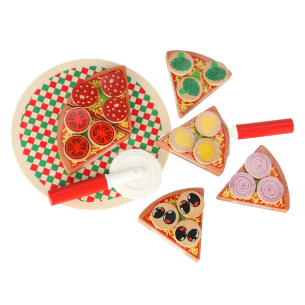 Pizza drewniany zestaw do zabawy na rzep  akcesoria łopatka nóż talerz nauka krojenia 20cm - obrazek 4