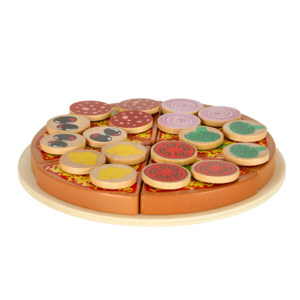 Pizza drewniany zestaw do zabawy na rzep  akcesoria łopatka nóż talerz nauka krojenia 20cm - obrazek 5