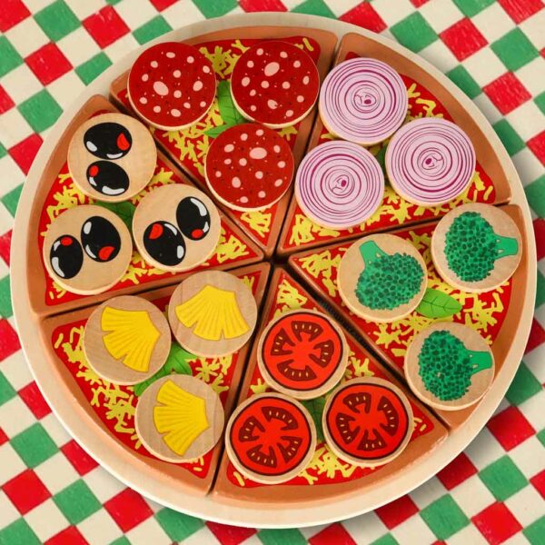 Pizza drewniany zestaw do zabawy na rzep  akcesoria łopatka nóż talerz nauka krojenia 20cm - obrazek 8