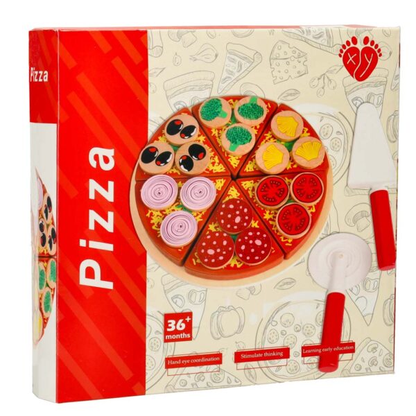 Pizza drewniany zestaw do zabawy na rzep  akcesoria łopatka nóż talerz nauka krojenia 20cm - obrazek 10