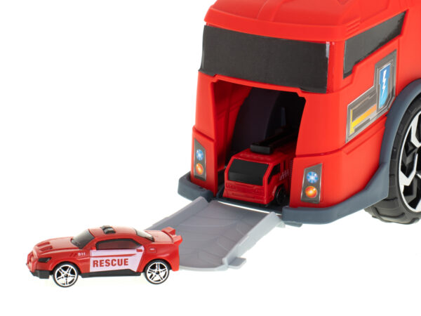 TIR laweta ciężarówka samochód transporter naczepa 2w1 parking resoraki straż pożarna 2 auta czerwone - obrazek 9