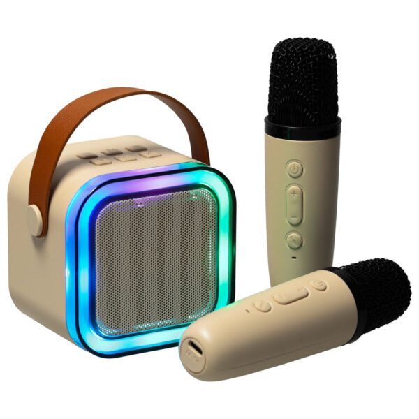 Zestaw do karaoke 2 mikrofony + głośnik przenośny BLUETOOTH USB LED beżowy - obrazek 2