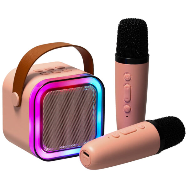 Zestaw do karaoke 2 mikrofony + głośnik przenośny BLUETOOTH USB LED różowy - obrazek 2