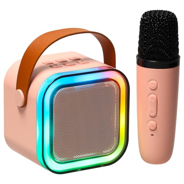 Zestaw do karaoke mikrofon + głośnik przenośny BLUETOOTH USB LED różowy - obrazek 2